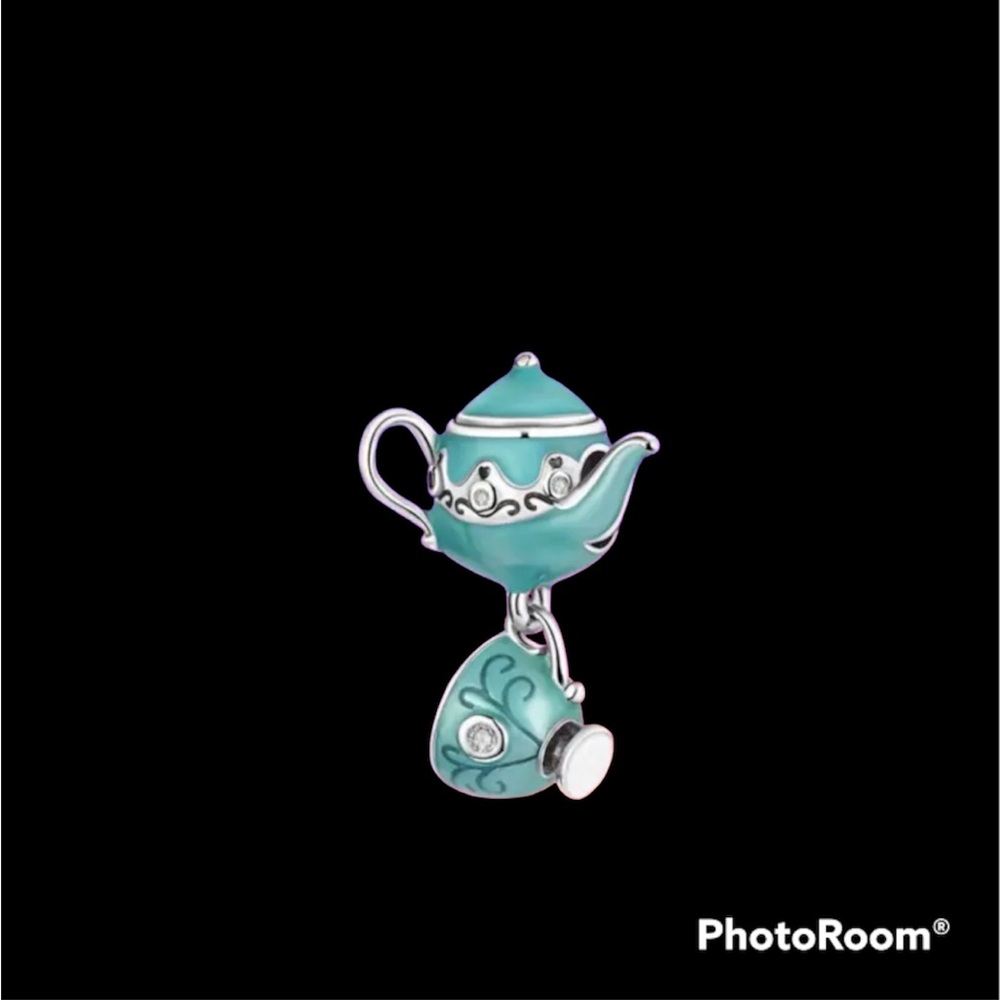 NEW•Turquoise enamel Teapot w/cup dangle DIY charm